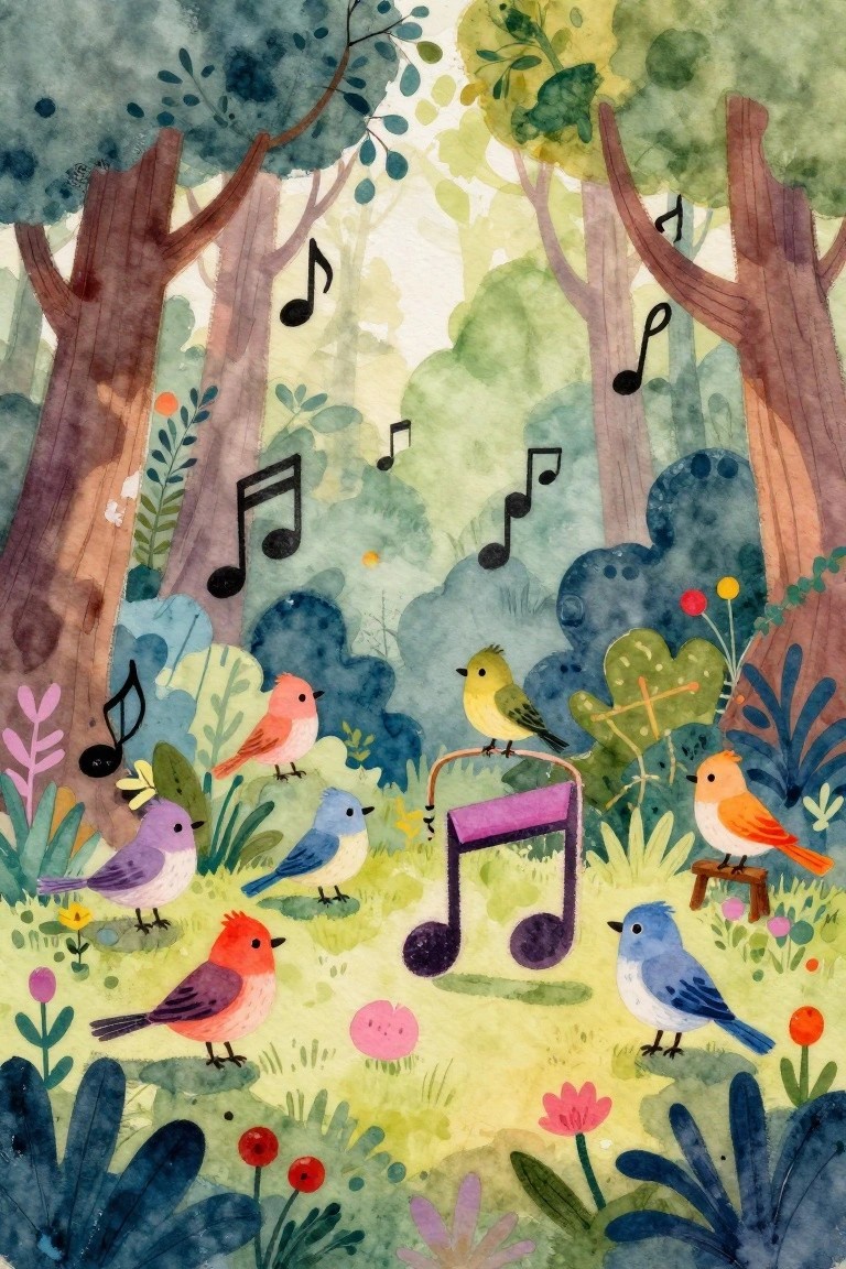 Vibrant watercolor forest with colorful birds and floating musical notes