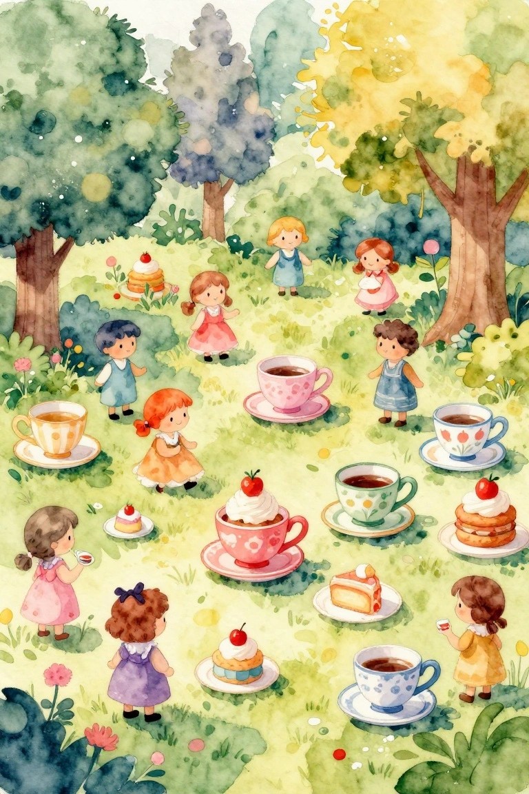 Watercolor scene of children at whimsical garden tea party with giant teacups and cakes