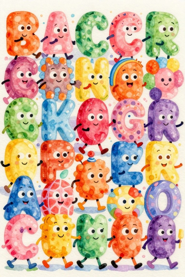 Vibrant watercolor cartoon letters with faces, limbs, and accessories in playful poses.
