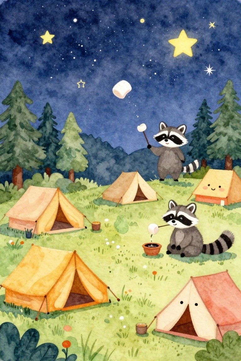 Watercolor scene of two raccoons roasting marshmallows by tents under a starry sky.