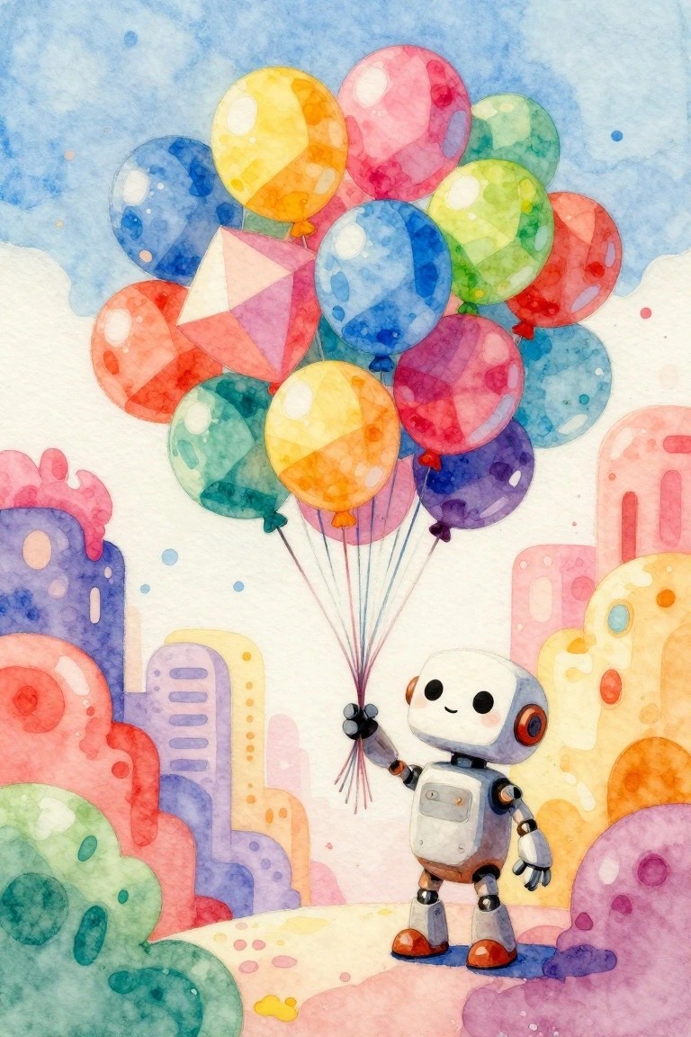 Small robot holding colorful balloons in whimsical watercolor cityscape