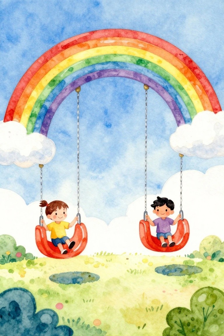 A watercolor painting of a girl and boy on red swings under a large rainbow in a grassy field with clouds.