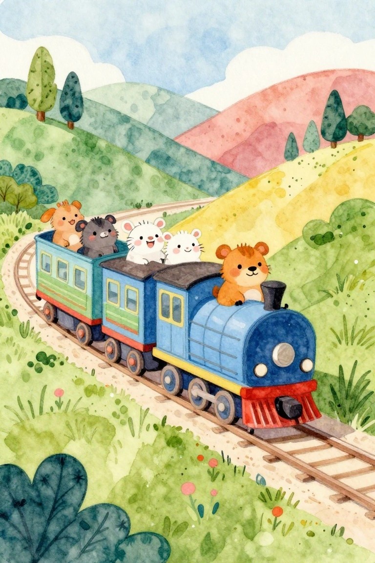 A watercolor-style painting shows a blue toy train with several open cars carrying small cartoon animals along tracks through green and pink hills with trees.