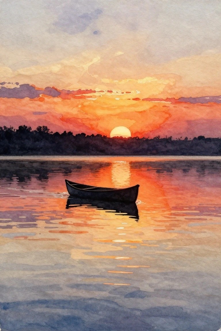 A watercolor painting shows a small dark boat on calm water at sunset with the sun low on the horizon behind trees and the sky colors reflected on the water.