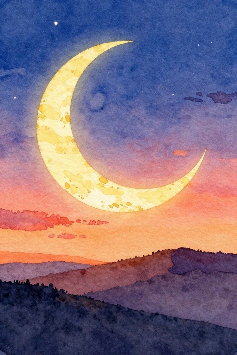 Watercolor crescent moon glowing over silhouetted hills in twilight sky