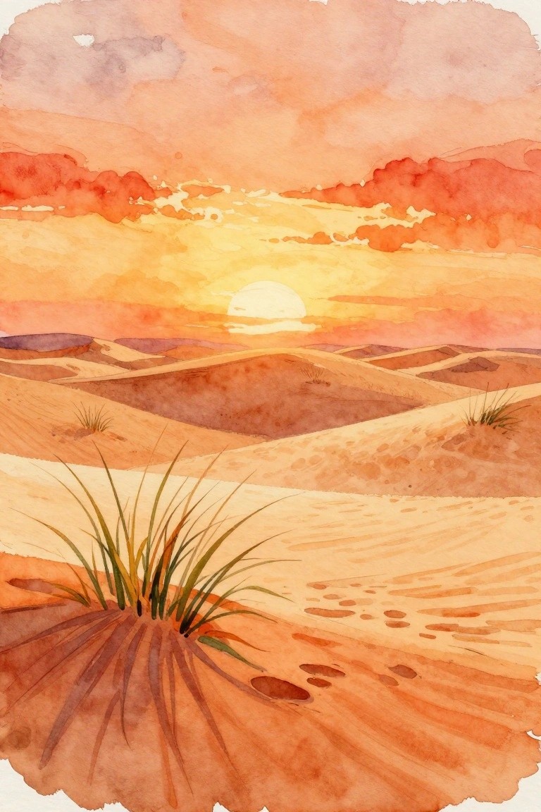A watercolor painting of a desert at sunset showing layered sand dunes, a bright sun on the horizon, red and orange clouds, and a clump of green grass in the foreground.