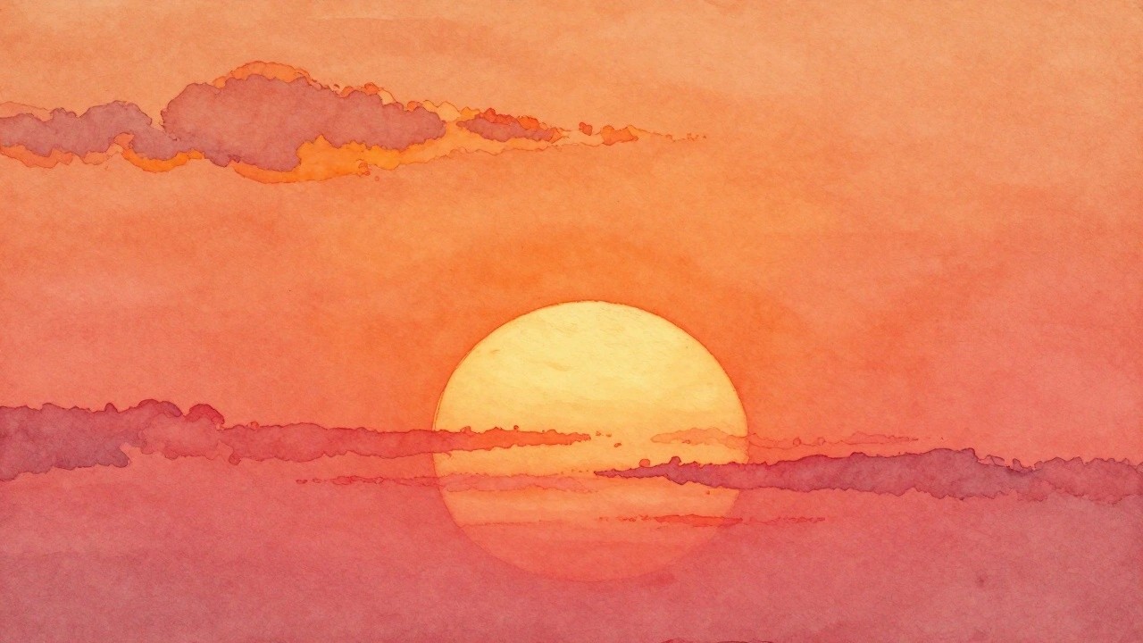 Watercolor sunset with glowing sun, orange-purple clouds over pink-orange horizon