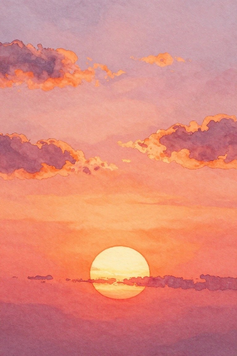 Watercolor sunset with glowing sun, orange-purple clouds over pink-orange horizon