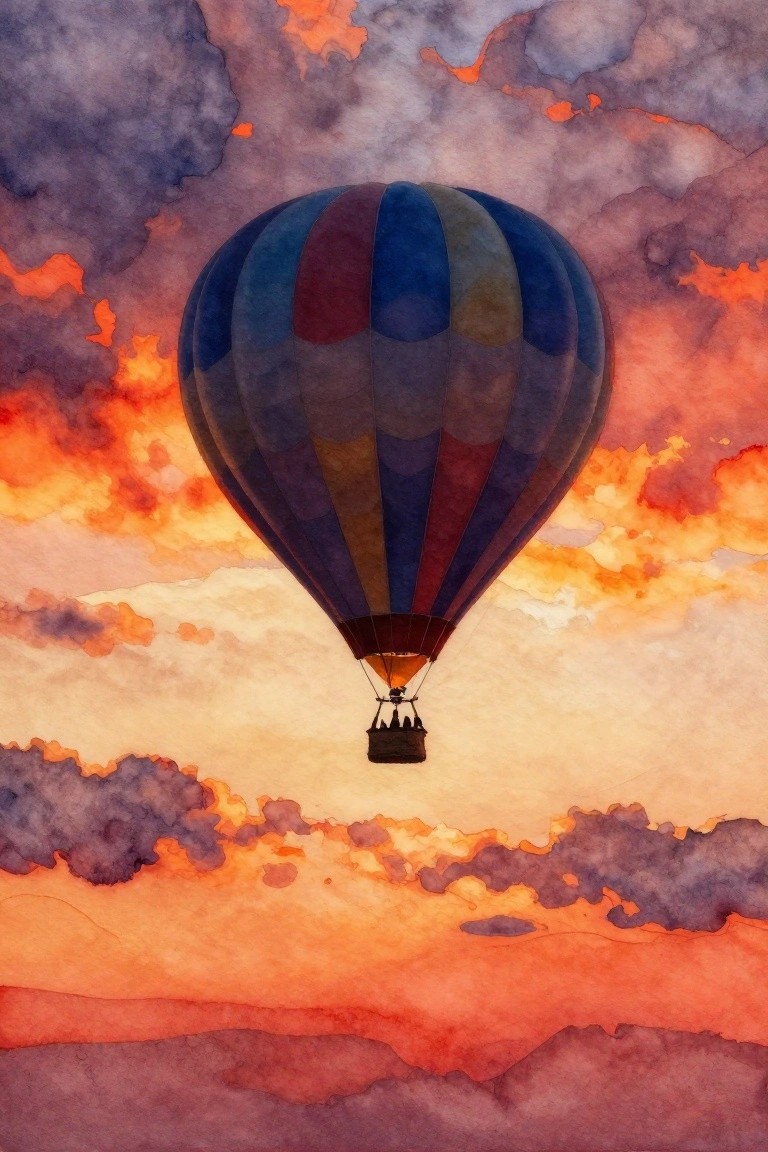 A watercolor painting of a multicolored striped hot air balloon floating in an orange and purple sunset sky with clouds.