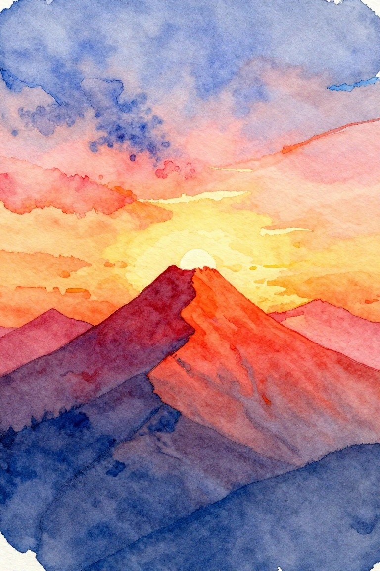 Vibrant watercolor sunset over layered red and purple mountain peaks with glowing yellow sun.