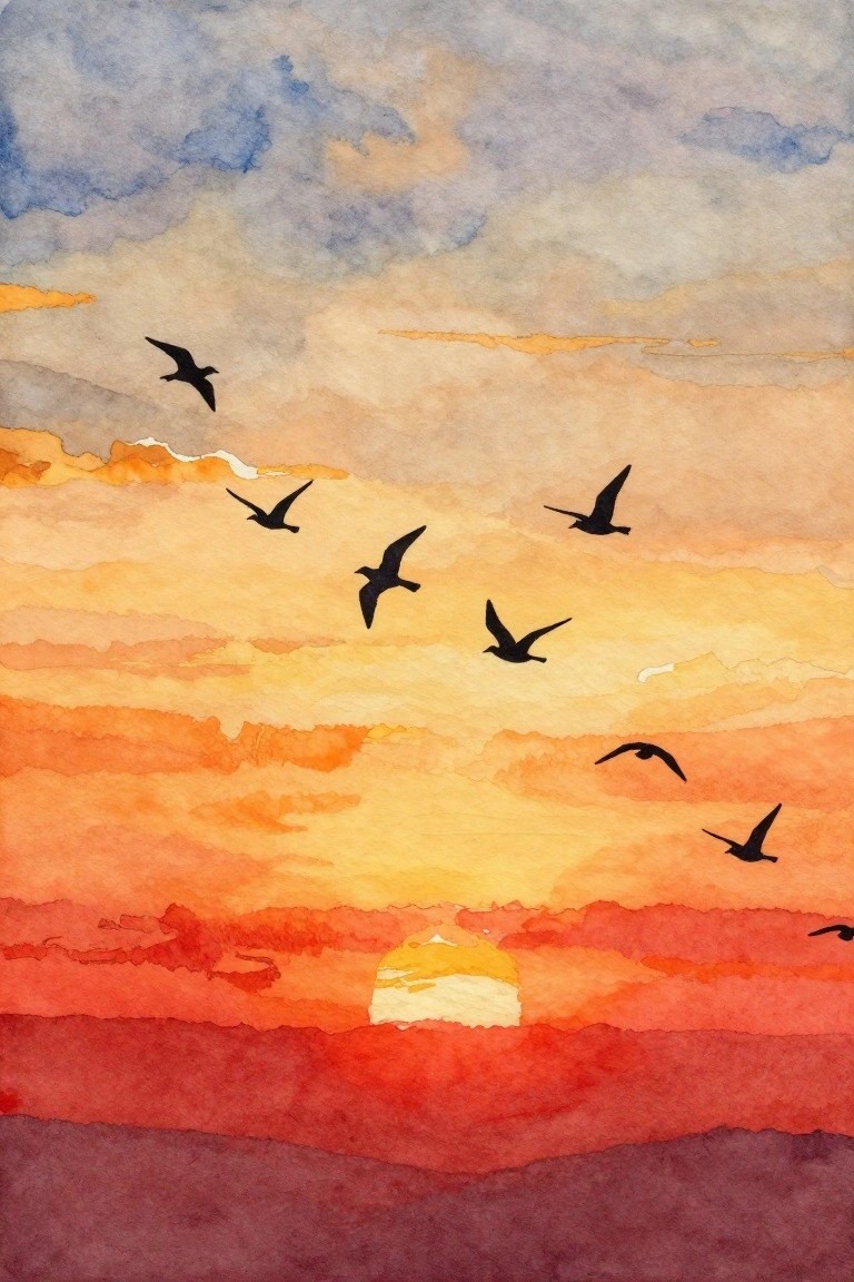 Watercolor sunset with silhouetted birds flying over layered orange, red, and purple clouds.
