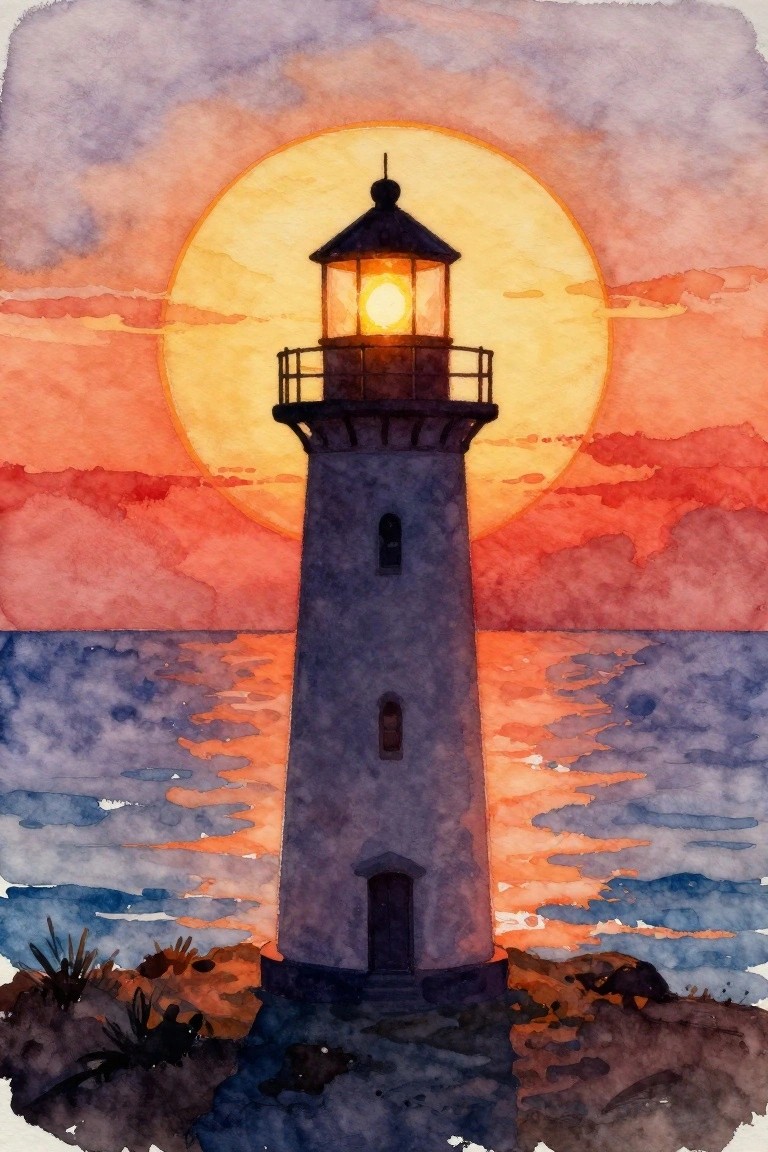 Watercolor lighthouse silhouetted against glowing orange sun over red sunset ocean.