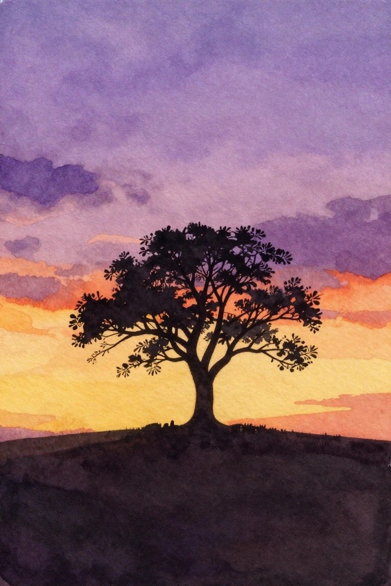 Silhouetted tree on dark hill beneath purple-orange watercolor sunset sky