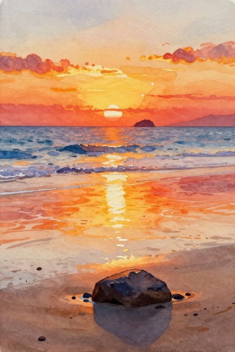 Vibrant watercolor sunset over ocean with orange sky, waves, and foreground rock.