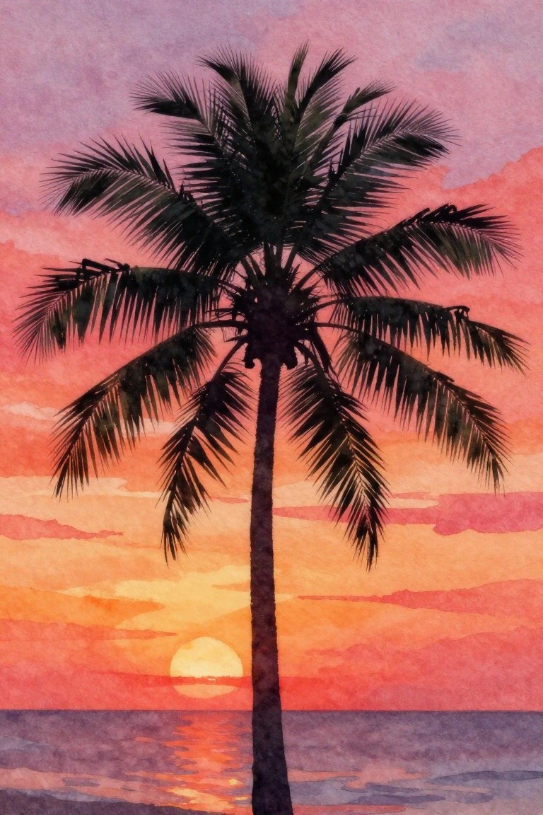 Silhouetted palm tree against pink-orange sunset sky over ocean in watercolor