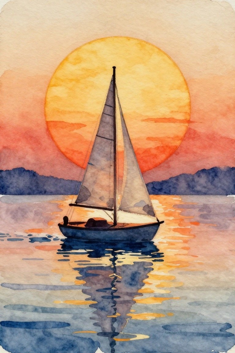 Sailboat on calm water with reflection under large orange sun and colorful sky