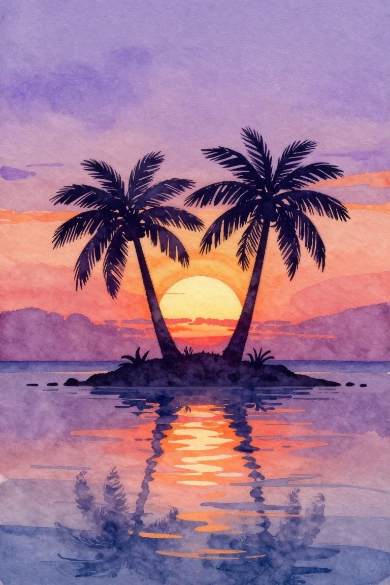 Two silhouetted palm trees on an island reflecting a vibrant sunset in watercolor style.