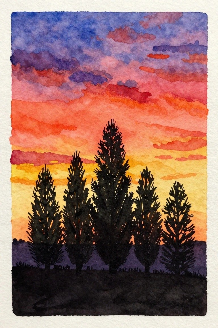 Vibrant watercolor sunset with silhouetted pine trees against colorful sky gradients