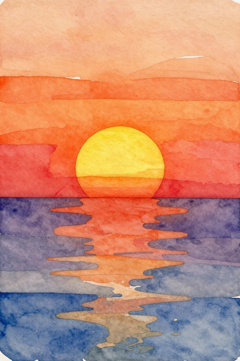 Watercolor sunset with yellow sun reflecting on wavy orange and blue waters.