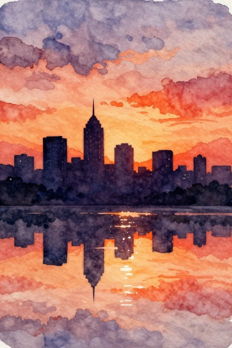 Watercolor city skyline silhouette at sunset with orange-pink reflections in water.