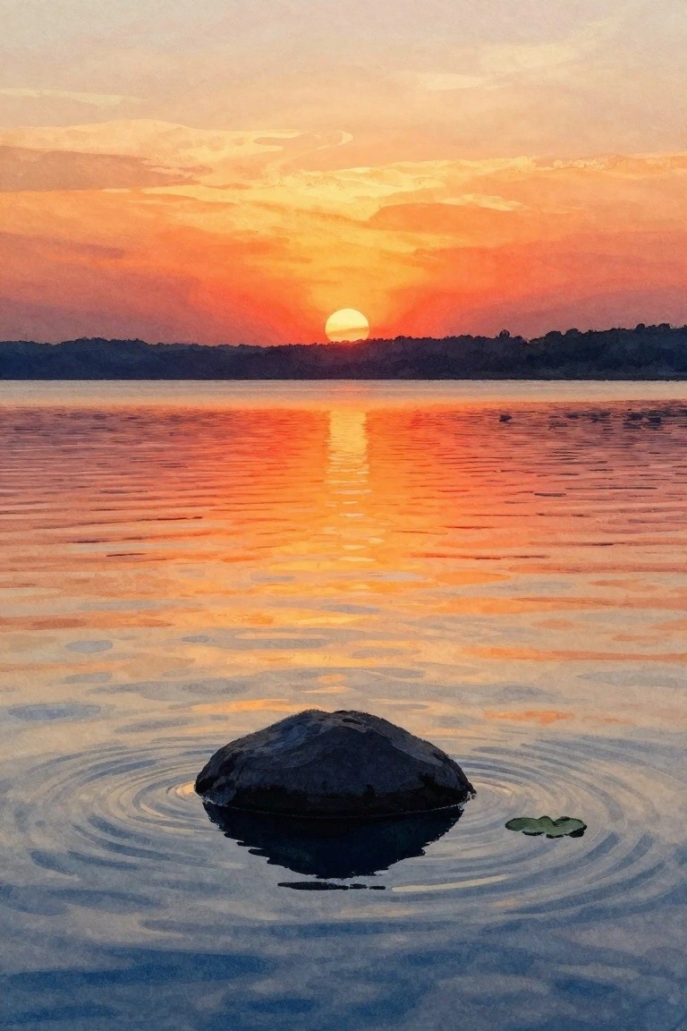Watercolor sunset over lake with orange-red sky, sun reflection, and foreground rock.