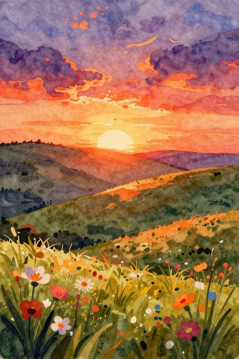 Watercolor sunset over rolling hills with colorful wildflowers in foreground