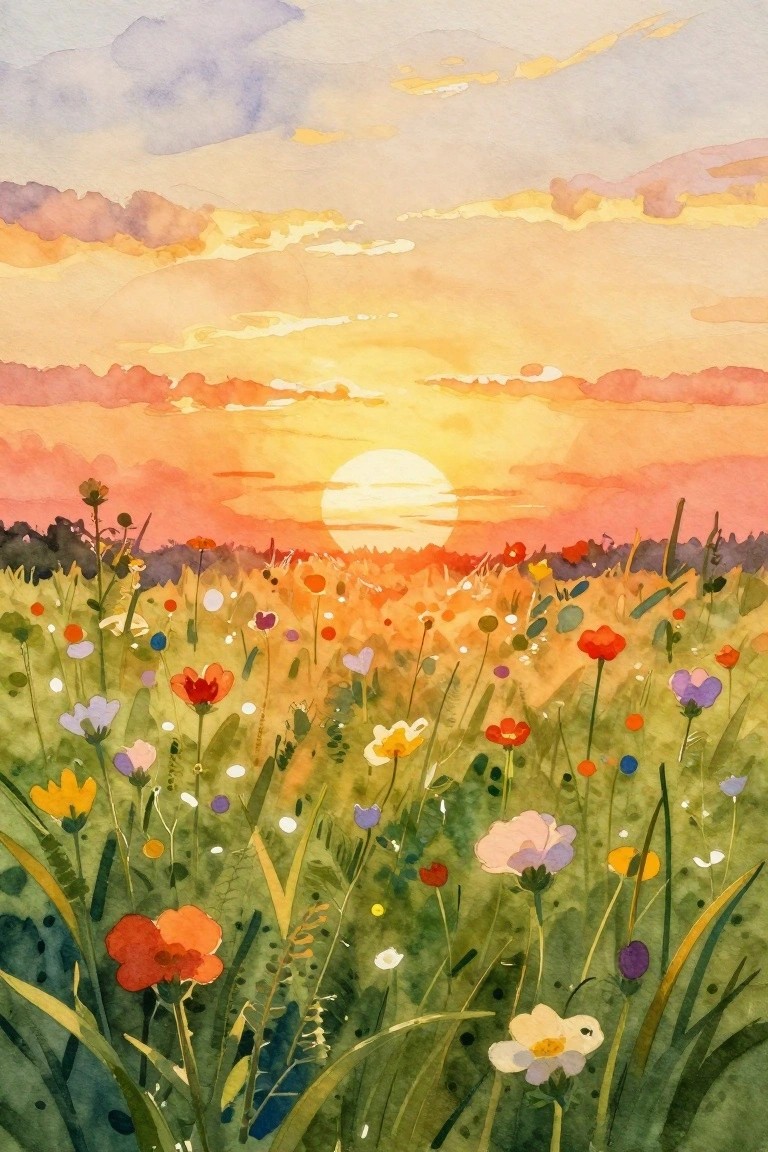 Watercolor sunset over vibrant meadow of colorful wildflowers and tall grasses