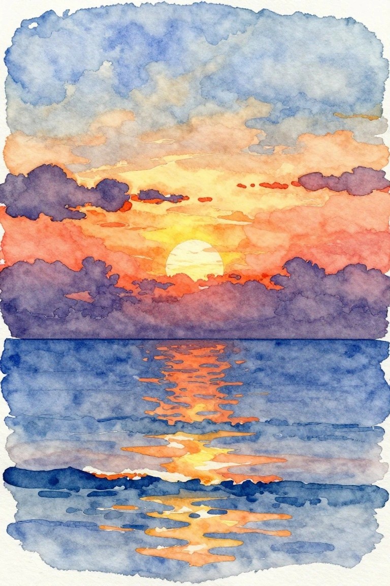 Watercolor sunset with bright sun reflecting on blue water under orange clouds.