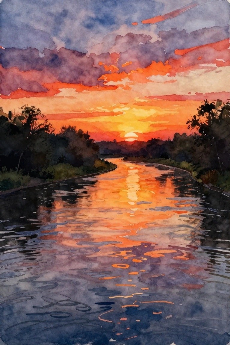 Watercolor sunset painting of vibrant orange sky reflecting on winding river with trees.