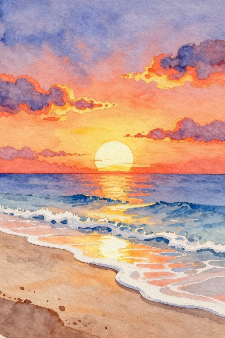 Watercolor sunset over ocean with vibrant clouds reflecting on waves at sandy beach
