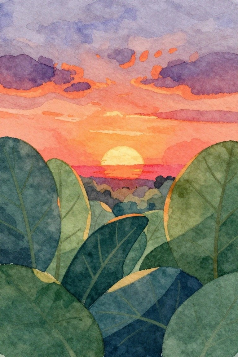 Watercolor sunset with orange-pink sky, yellow sun, and large green leaves foreground.