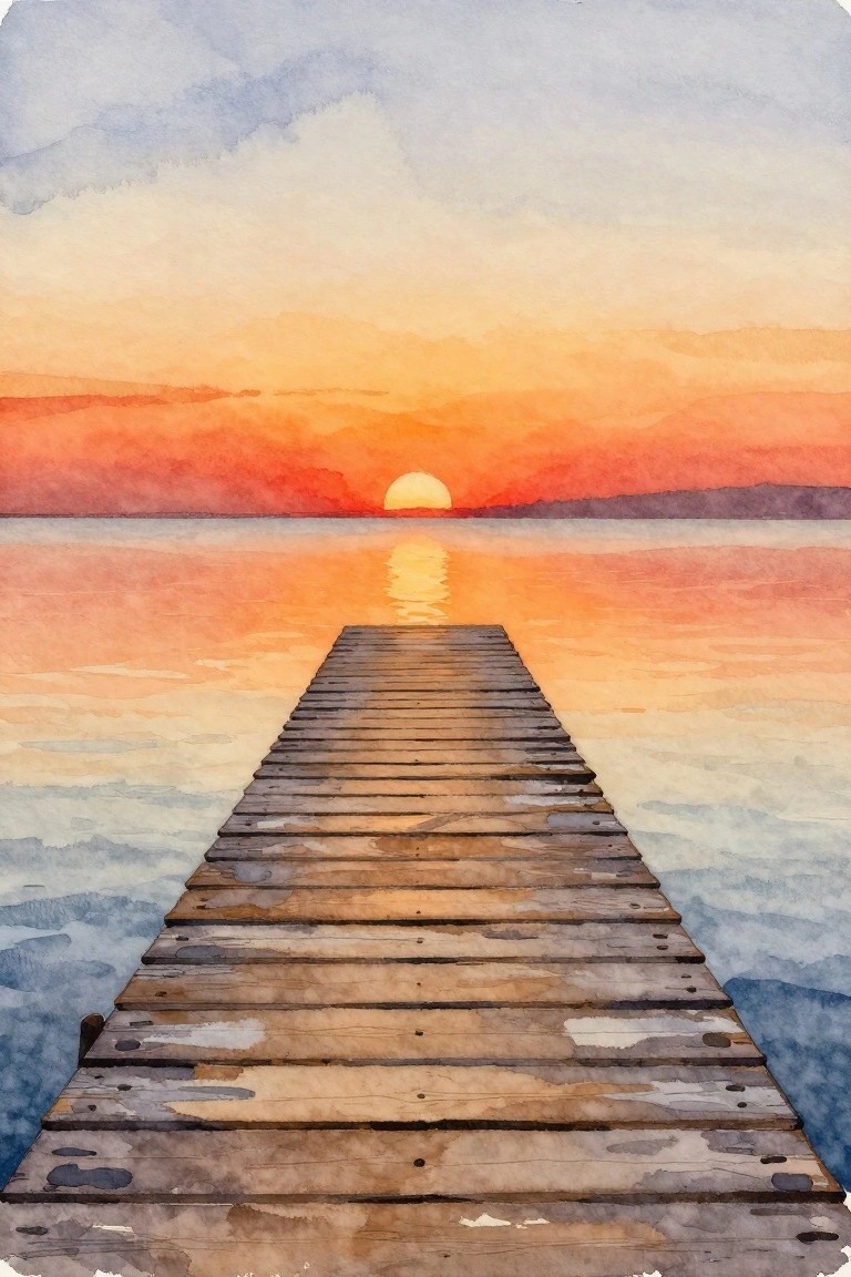 A watercolor painting shows a wooden pier extending into calm water toward a setting sun with orange sky and water reflections.