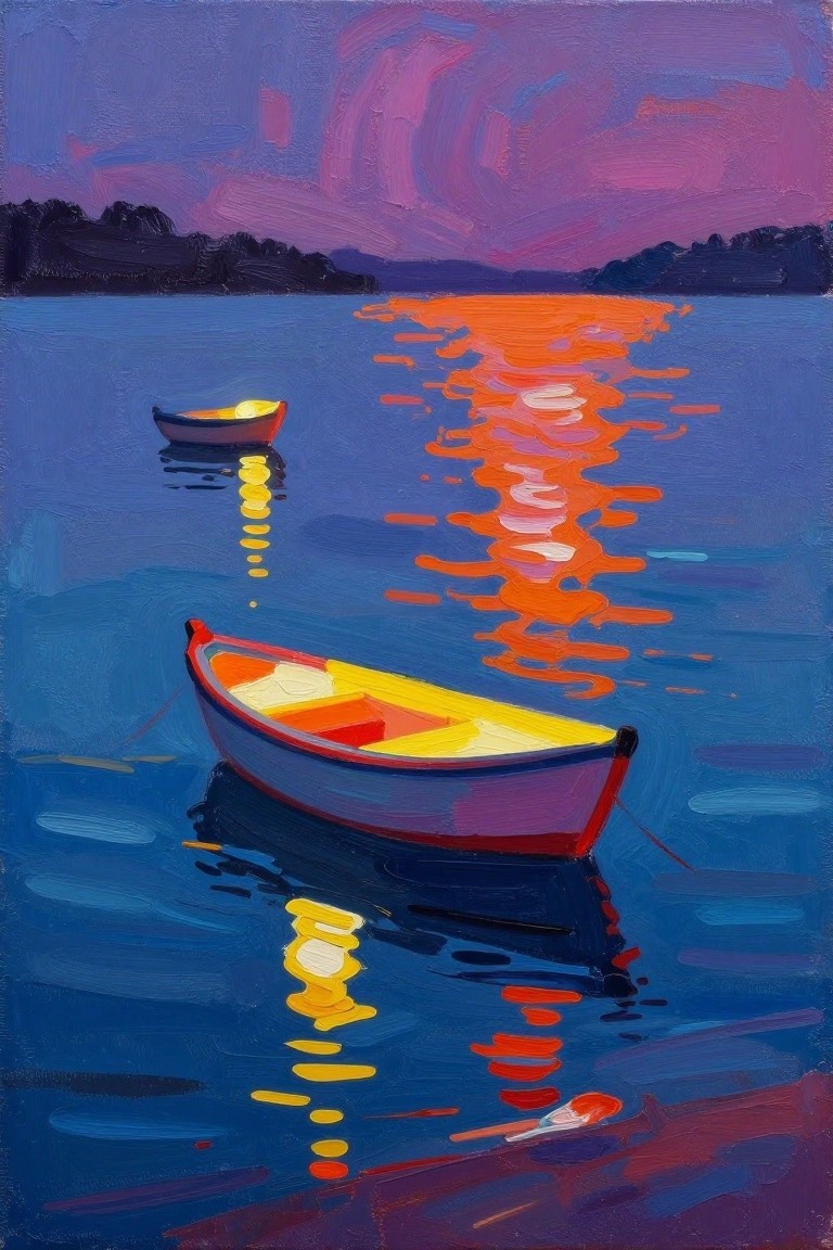 Vibrant painting of two boats on blue water under purple sunset with orange reflections