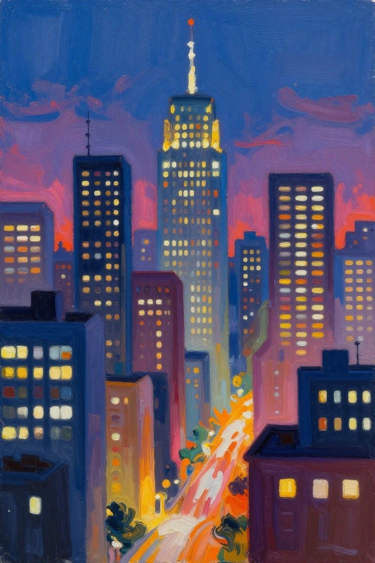 Vivid painting of glowing skyscrapers under a colorful twilight sky with winding lights below.