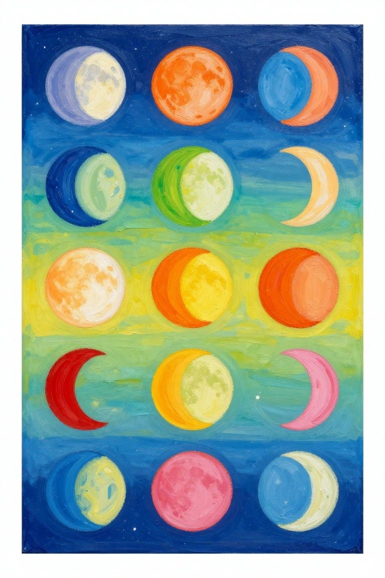 Vivid painting of fifteen colorful moon phases arranged in rows on gradient sky