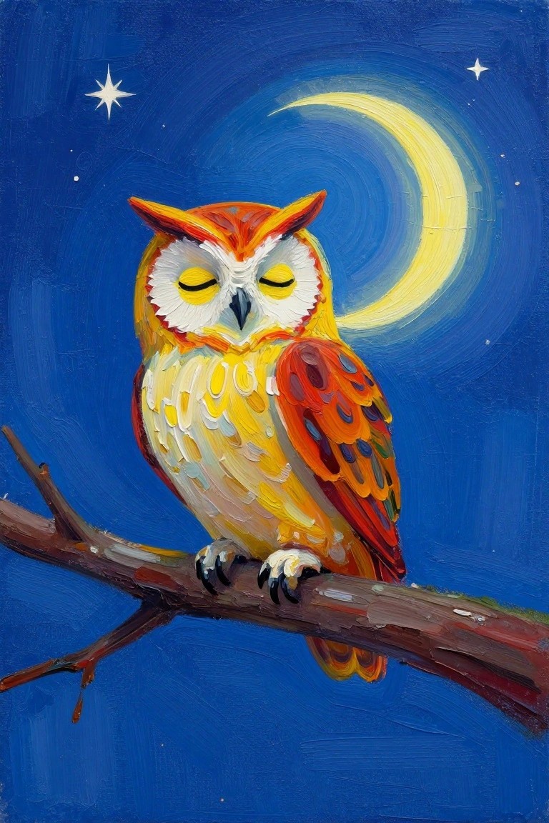 Colorful owl with closed eyes perched on branch under crescent moon and stars