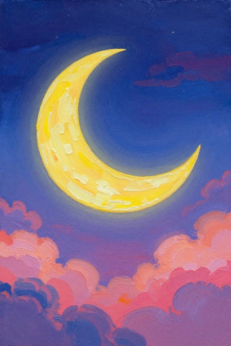 Glowing yellow crescent moon in dark blue sky above pink and purple clouds.