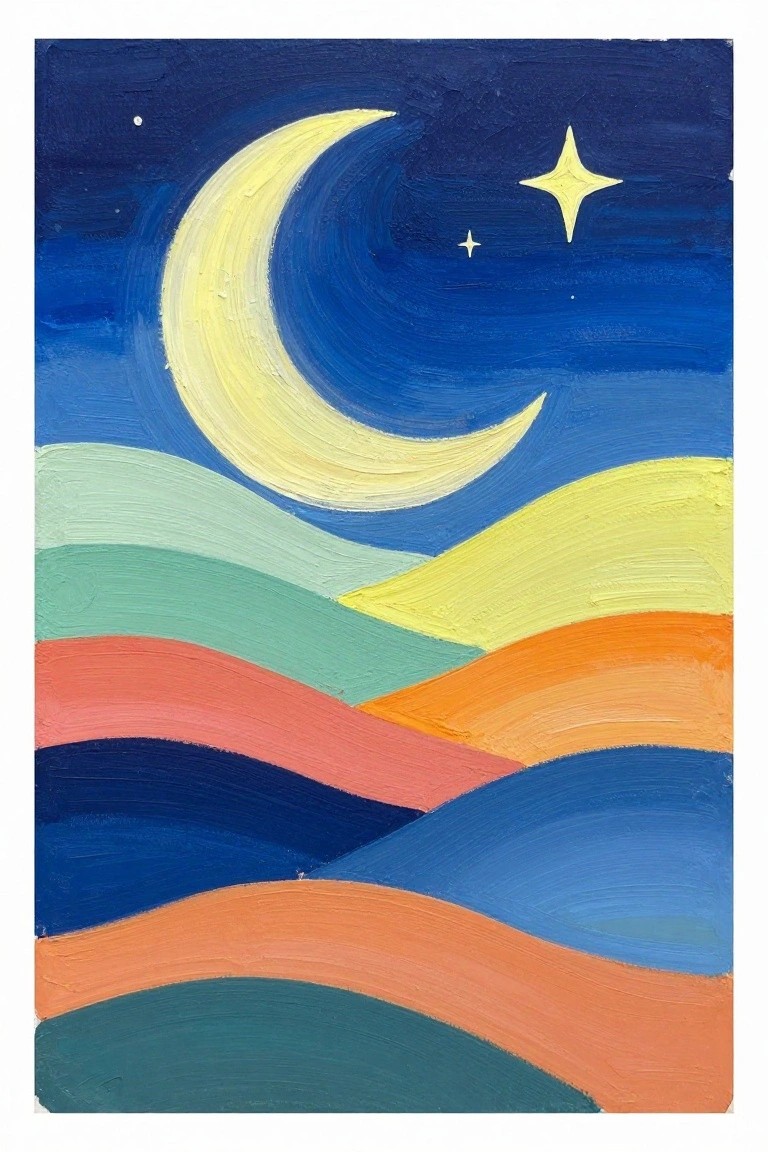 Vibrant painting of yellow crescent moon above colorful wavy hills under starry sky.