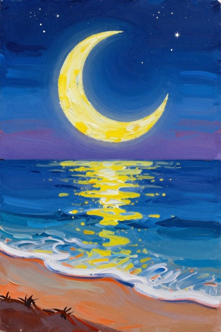 Yellow crescent moon reflecting on dark blue ocean waves near sandy beach.