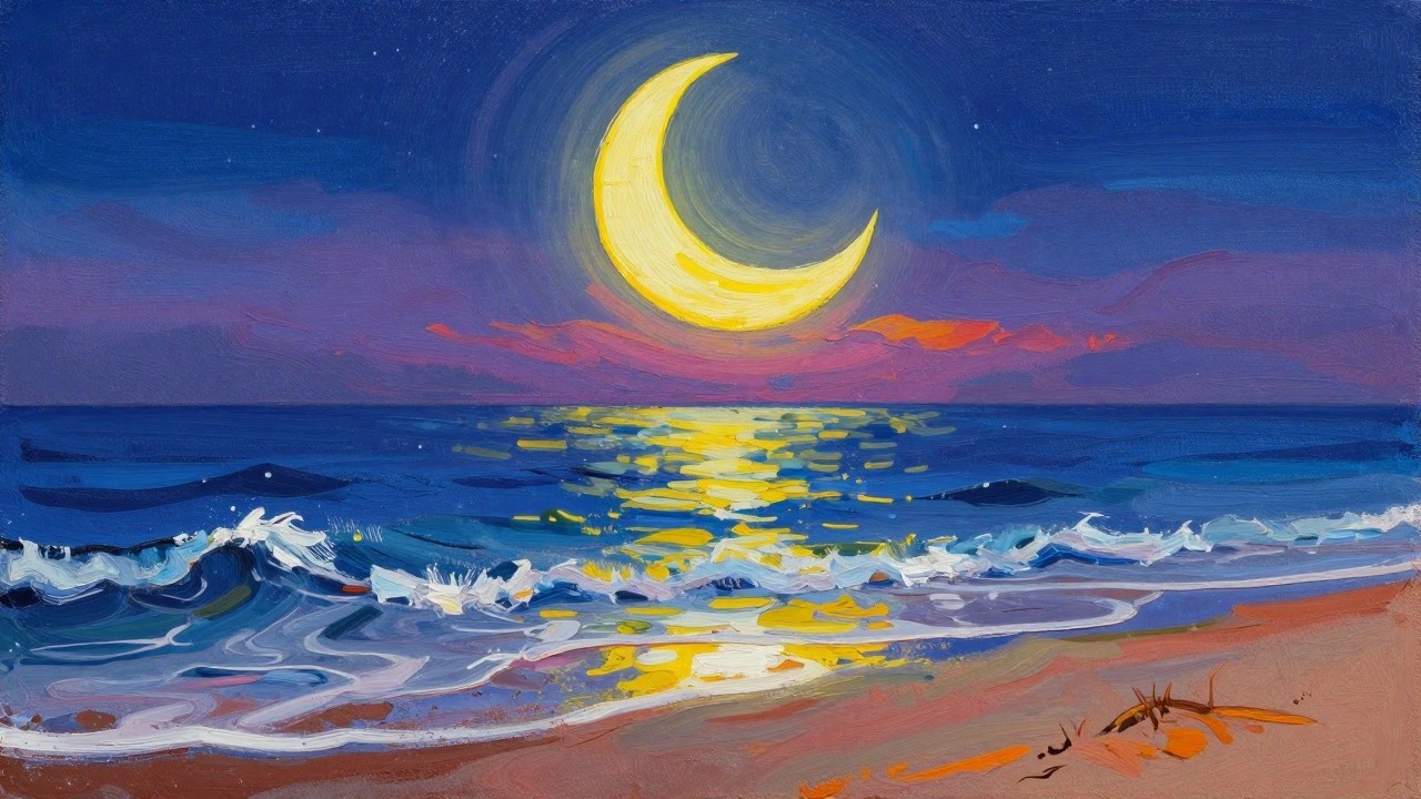 Yellow crescent moon reflecting on dark blue ocean waves near sandy beach.