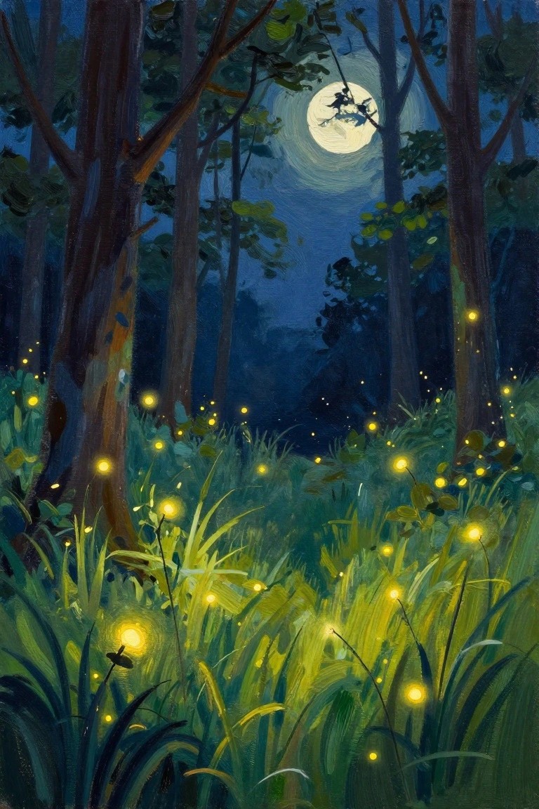Moonlit forest with full moon, tall trees, and glowing fireflies in grass at night
