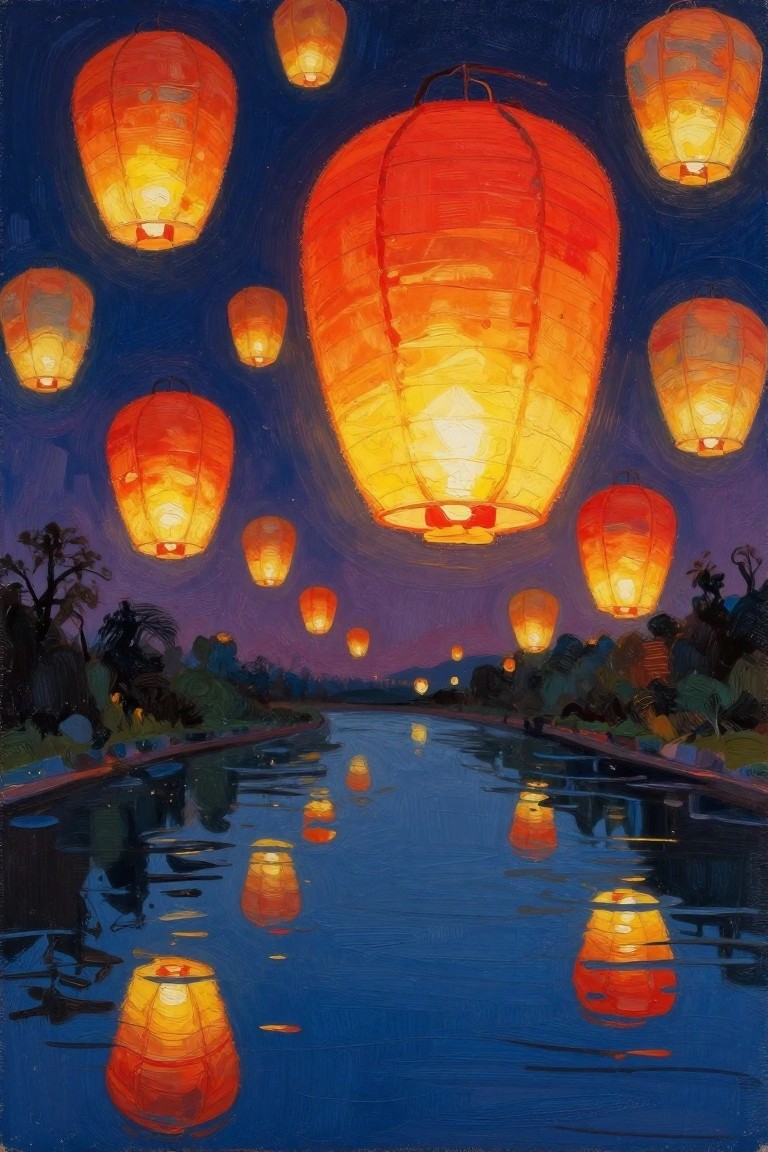 Glowing red-orange lanterns reflected in a calm river under night sky