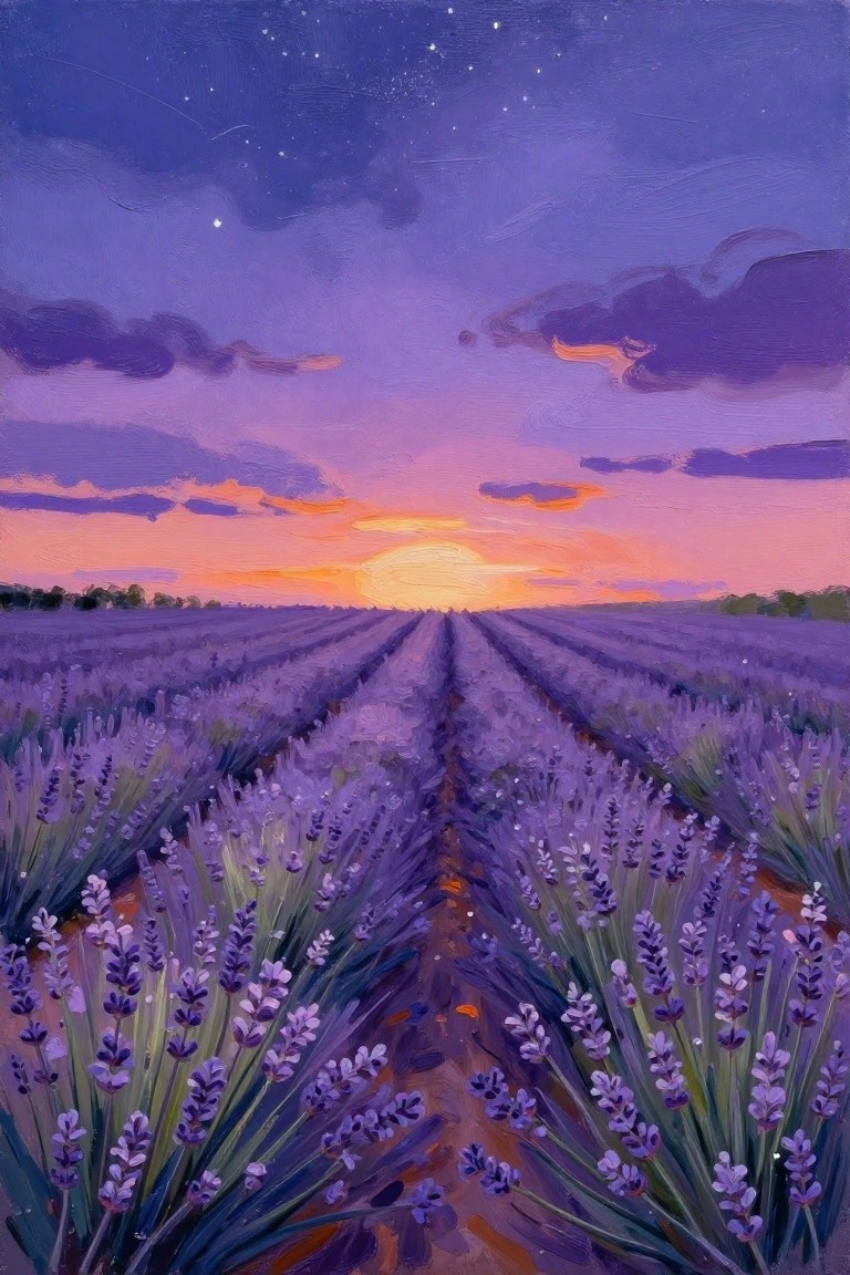 Rows of purple lavender lead toward glowing sunset under starry purple sky.
