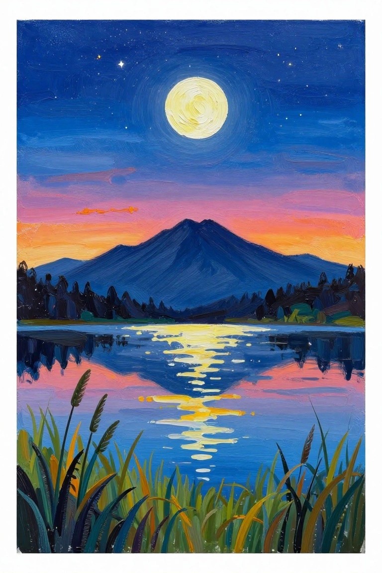 Oil painting of full moon reflecting in lake below mountains with starry colorful sky and reeds