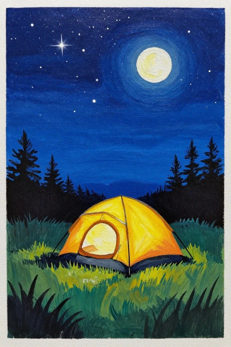 Yellow tent glowing in grassy meadow under full moon and starry sky with pines.