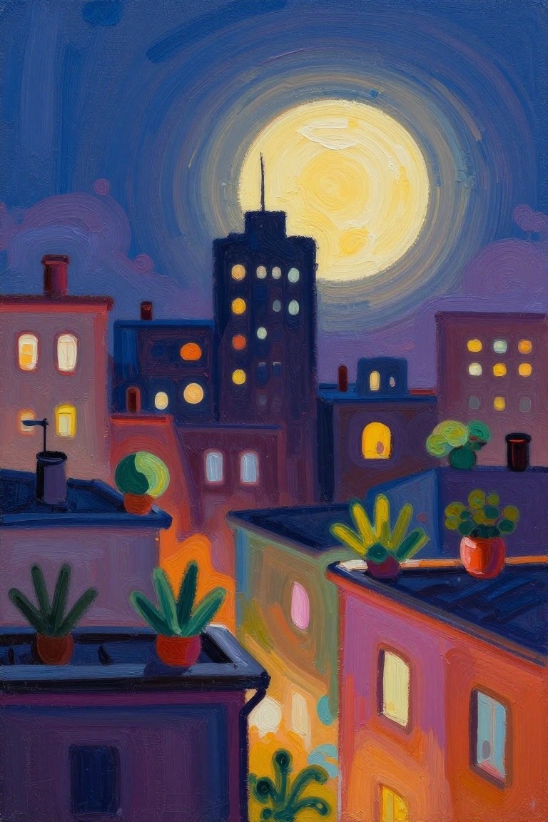 Vibrant nighttime cityscape with glowing moon, colorful buildings, and rooftop plants
