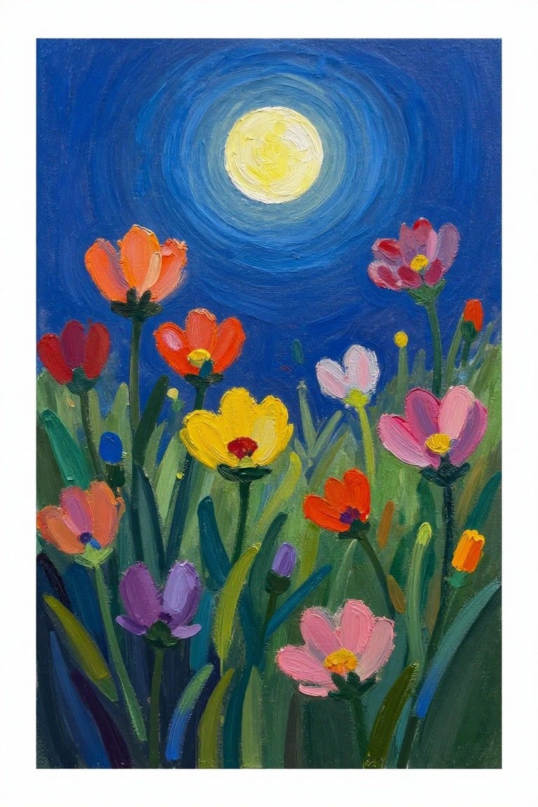 Colorful wildflowers blooming beneath a glowing full moon in swirling blue sky