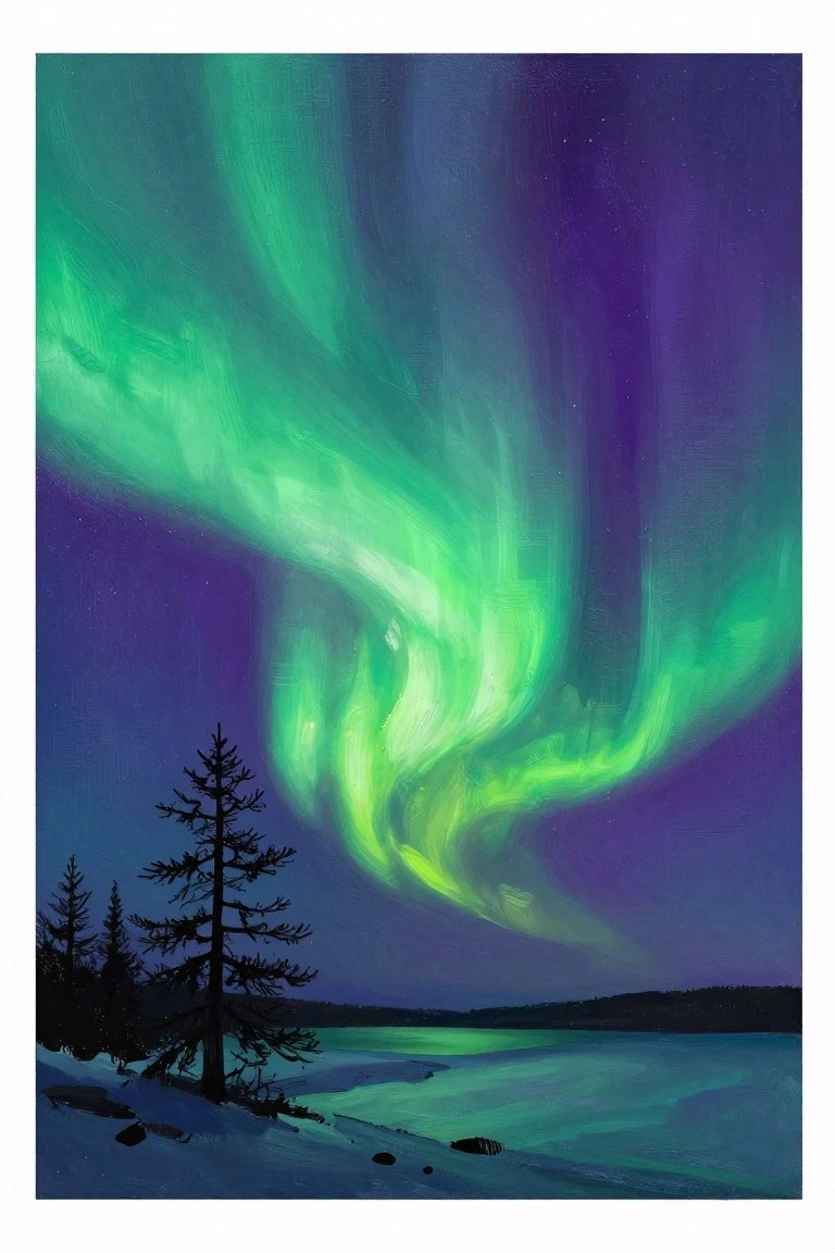 A painting of green and purple northern lights over a snowy landscape with pine trees and a reflective body of water.