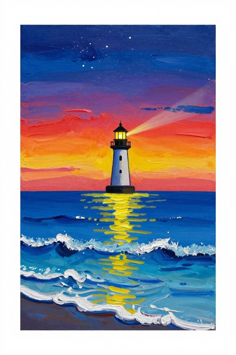Vibrant oil painting of lighthouse beaming light over colorful ocean sunset waves