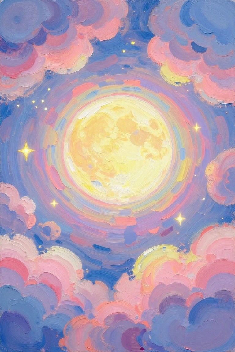 Glowing yellow moon amid swirling pink, blue, and purple clouds with stars